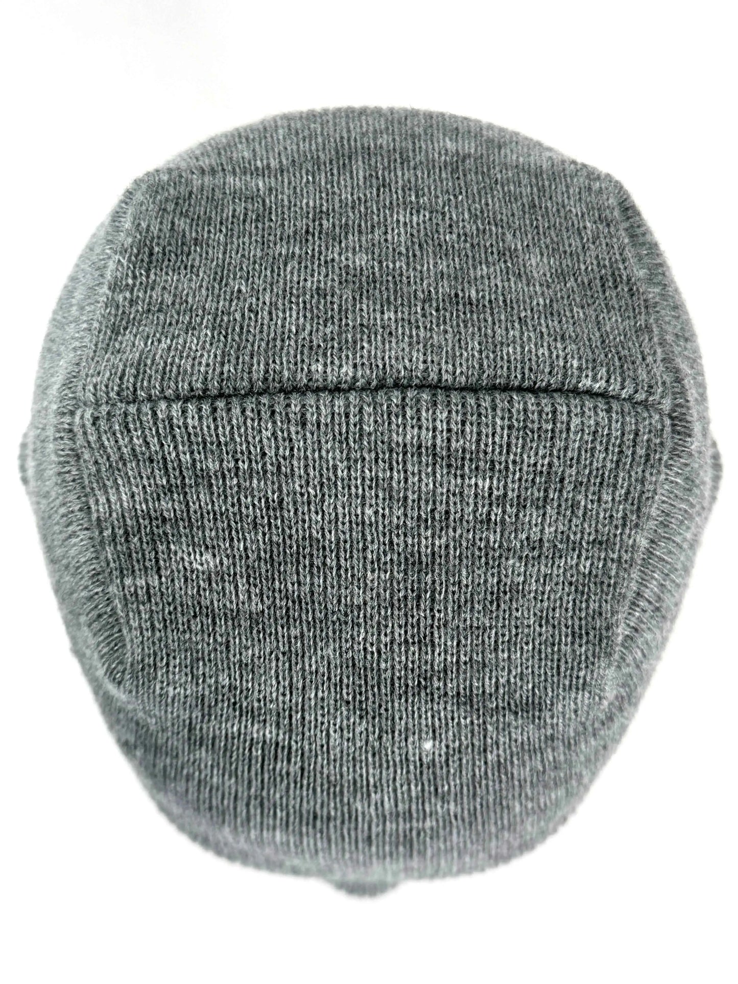Light gray knit beanie with ribbed texture and uncuffed seam band
