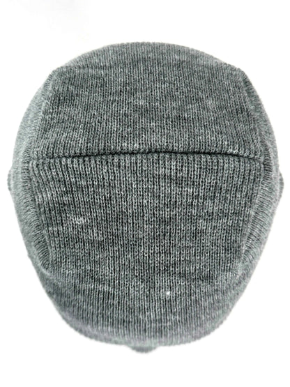 Light gray knit beanie with ribbed texture and uncuffed seam band