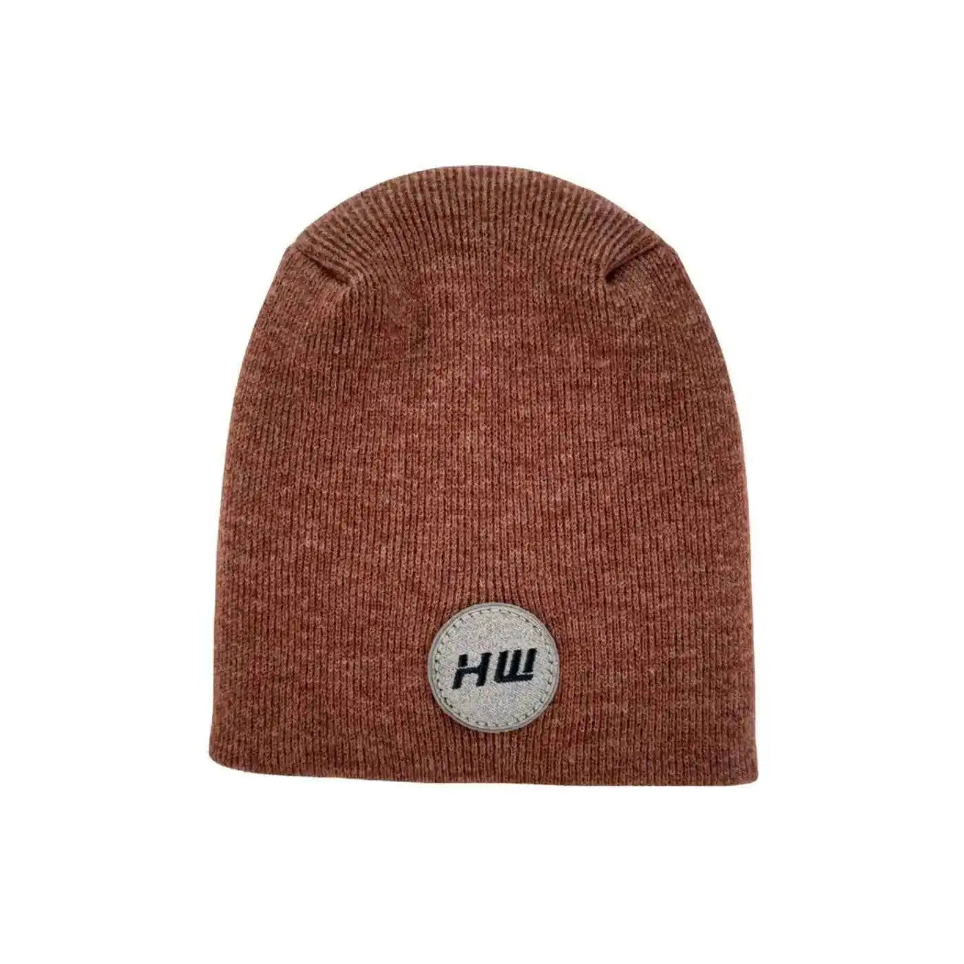 Burgundy knit beanie with un-cuffed ribbed edge and round HUI logo patch.
