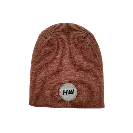 Burgundy knit beanie with un-cuffed ribbed edge and round HUI logo patch.
