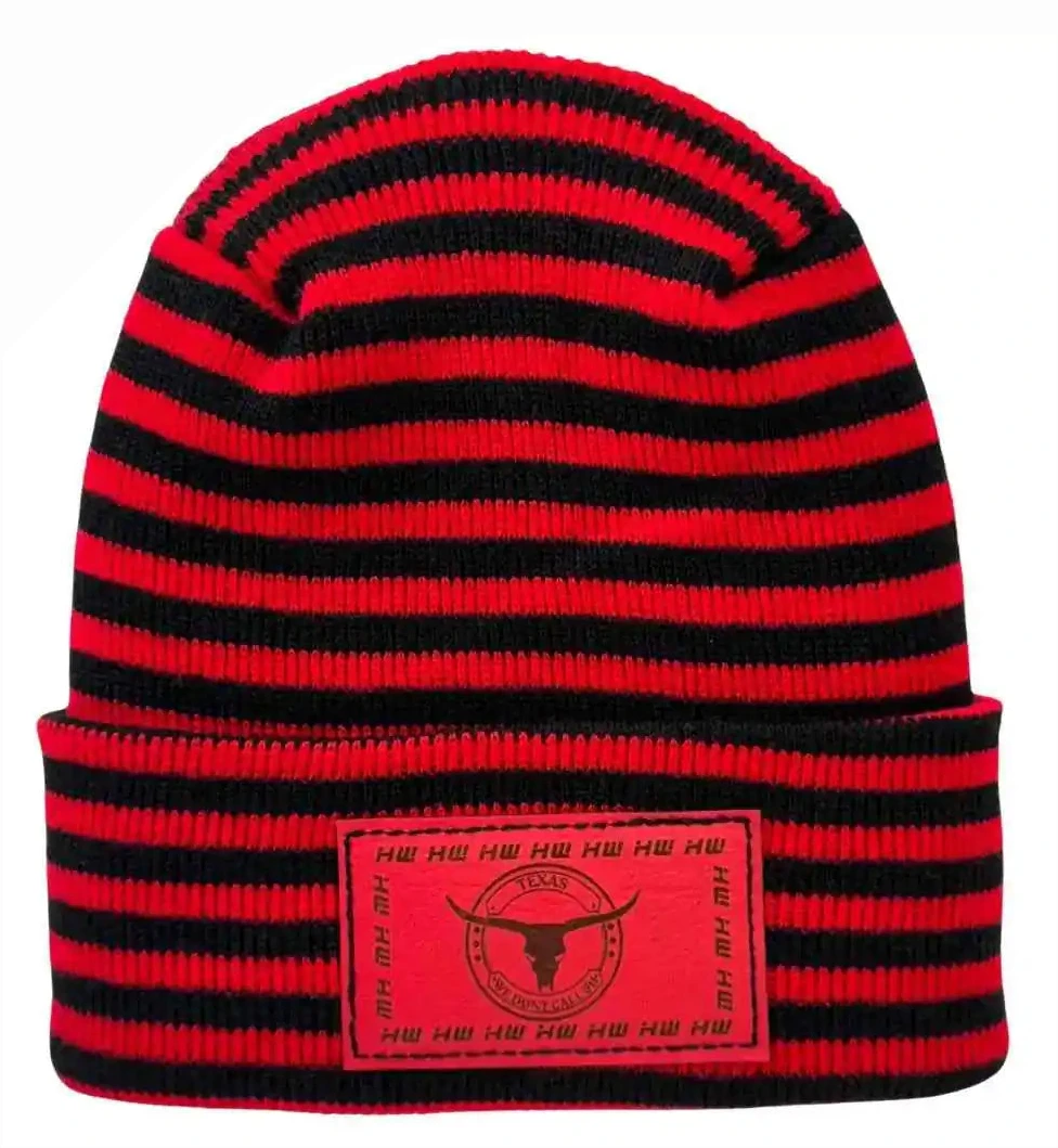 Black and red striped cuffed beanie with Texas logo patch