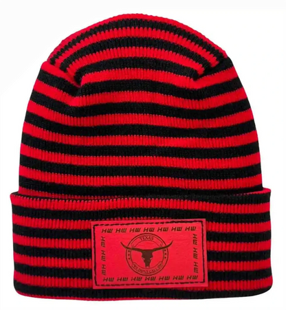 Black and red striped cuffed beanie with Texas logo patch