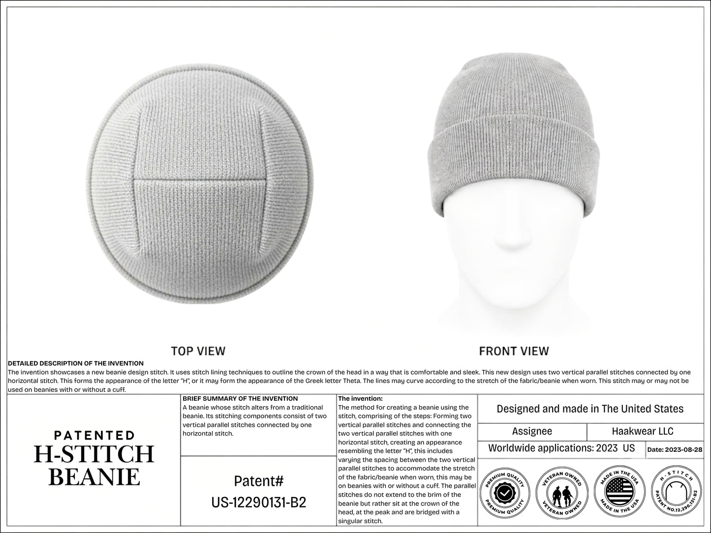 H-stitch beanie, light gray knit watch cap with stitched front panel