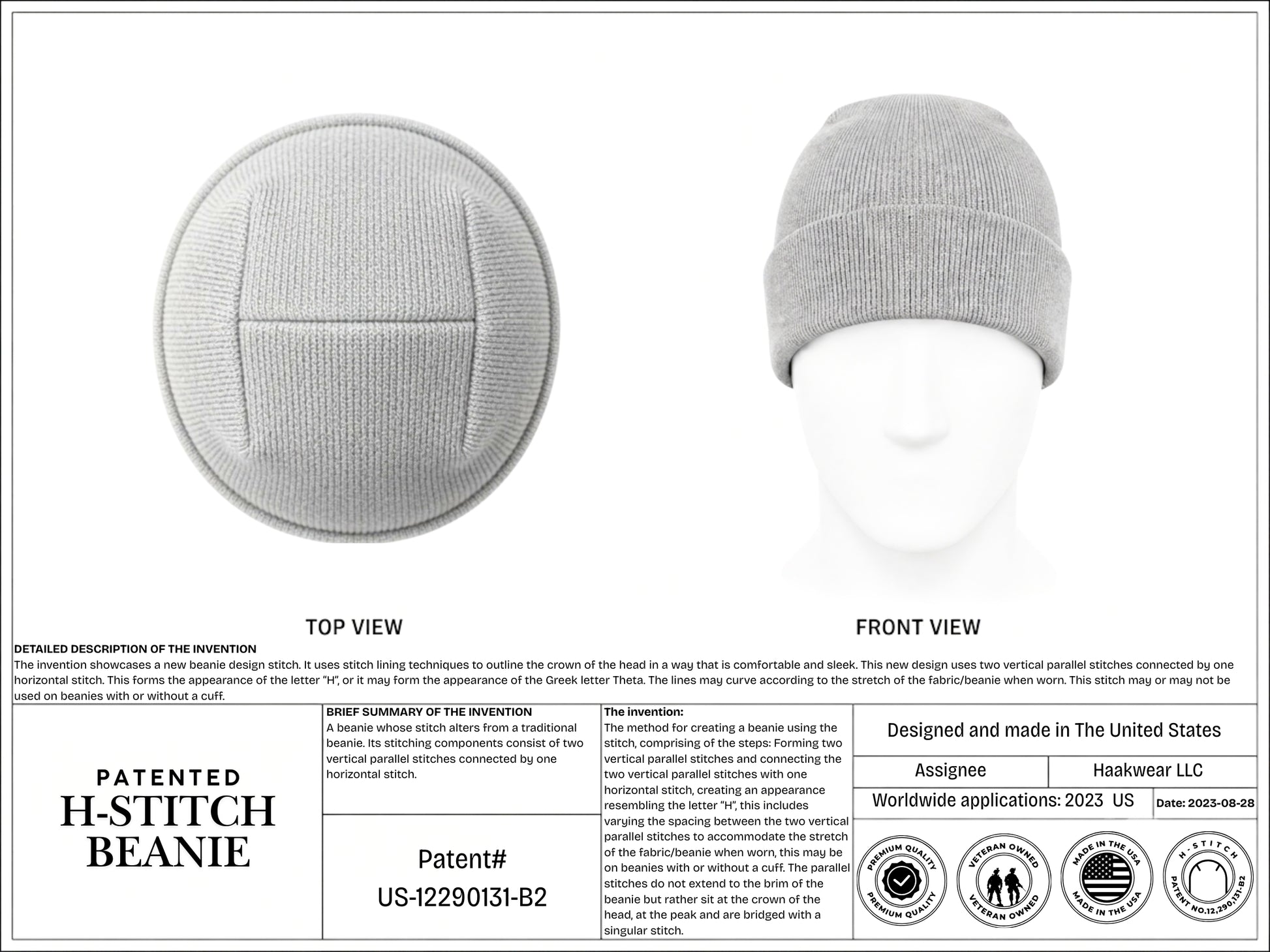 H-stitch beanie, light gray knit watch cap with stitched front panel