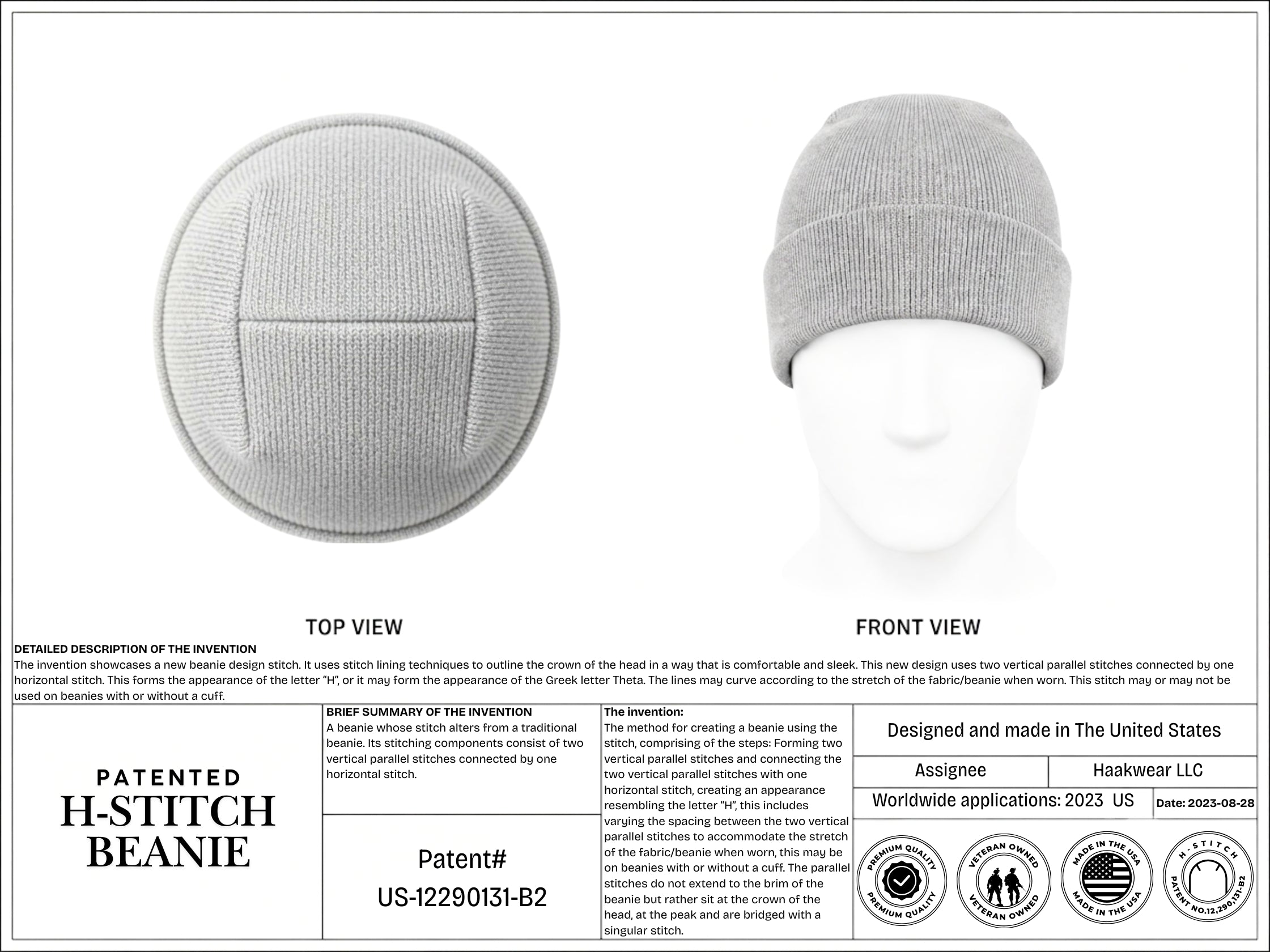 H-stitch beanie, light gray knit watch cap with stitched front panel