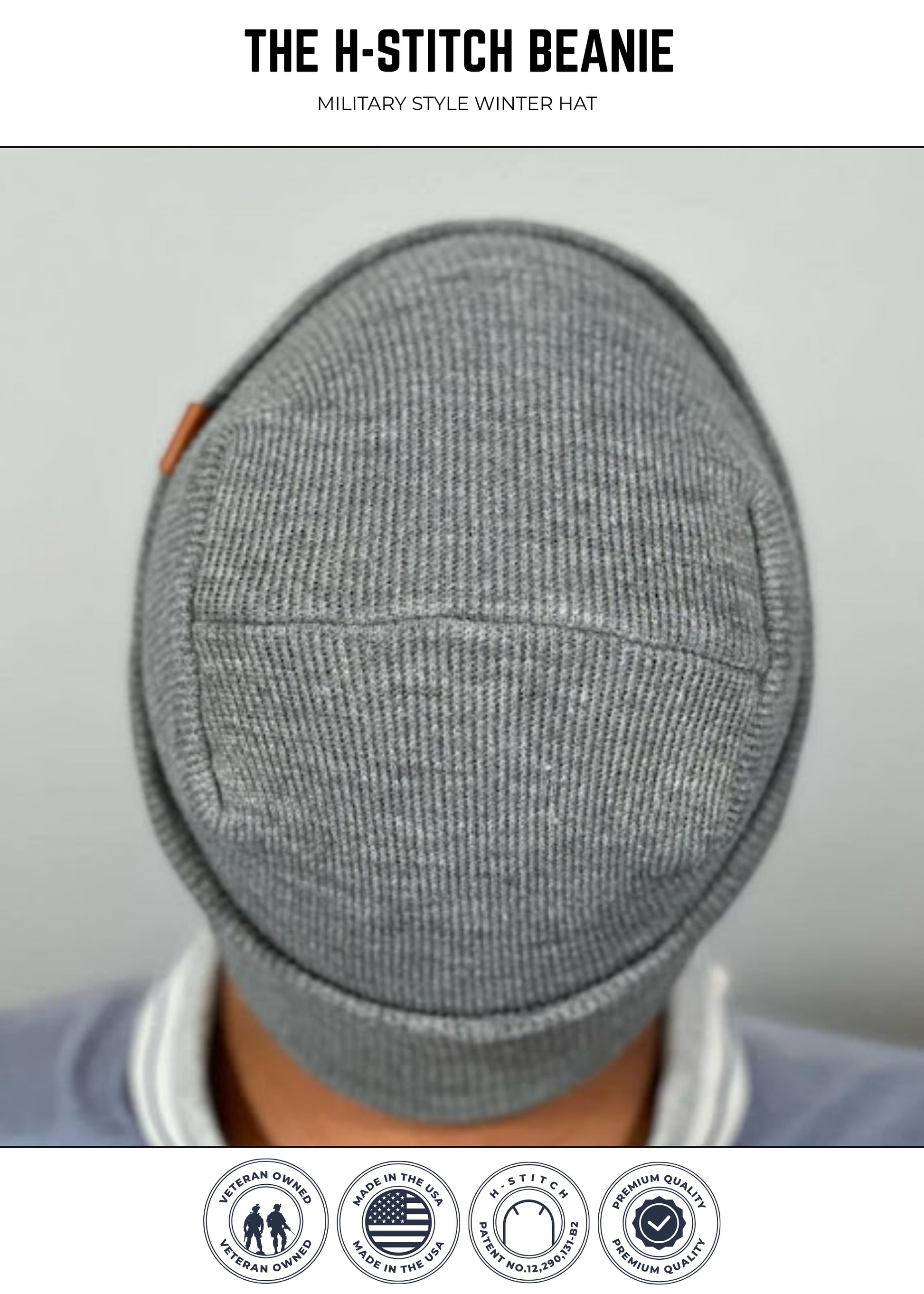 Gray knit beanie watch cap with folded cuff and round top seam detail