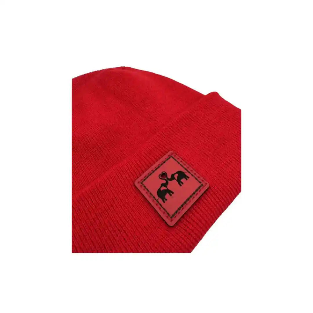 Red knit beanie close-up of square logo patch with elephants and hearts