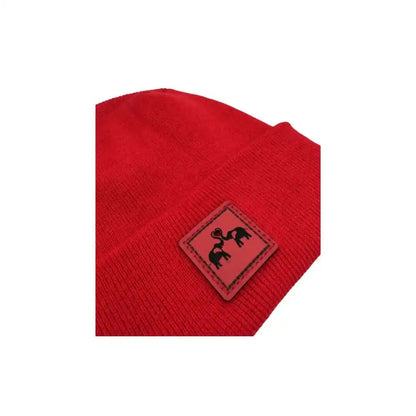 Red knit beanie close-up of square logo patch with elephants and hearts