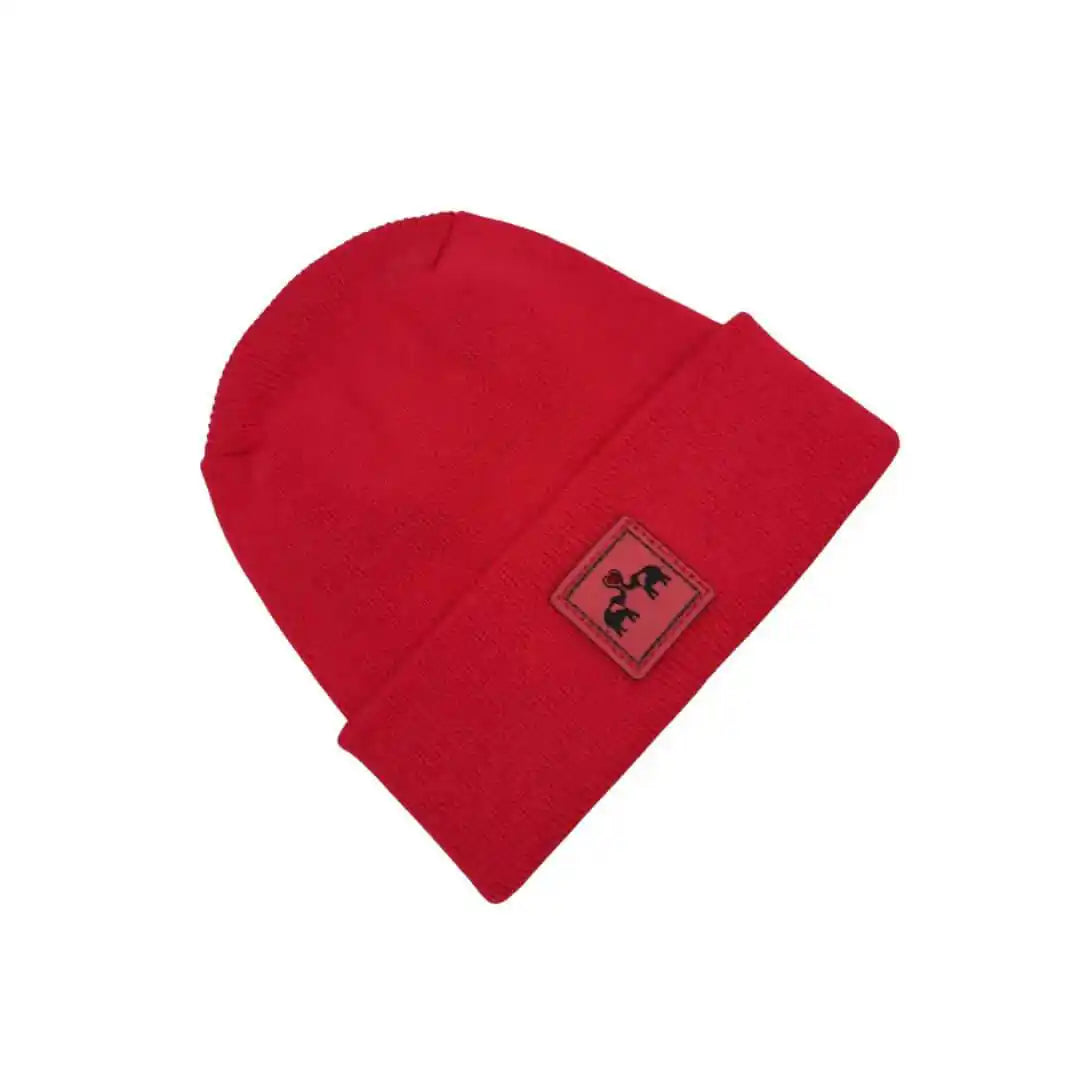 Red knit beanie folded with square logo patch on side