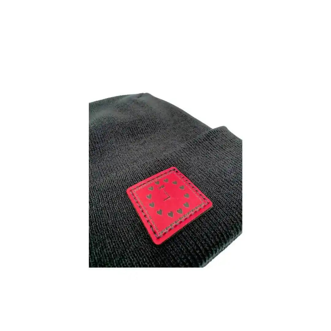 Charcoal knit beanie with foldover cuff and pink heart clock patch