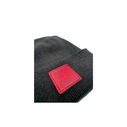 Charcoal knit beanie with foldover cuff and pink heart clock patch