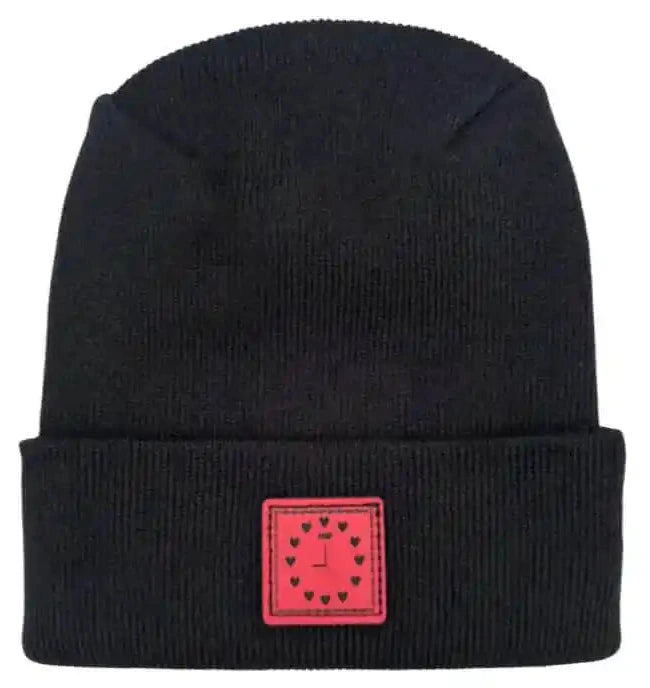 Dark knit beanie with square heart clock patch cuff