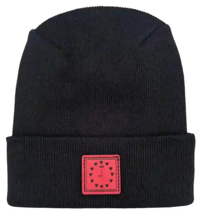 Dark knit beanie with square heart clock patch cuff