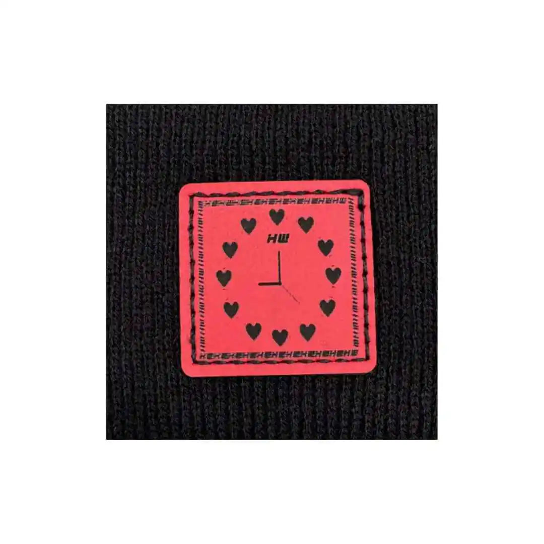 Black beanie knit texture with rectangular pink heart clock graphic patch