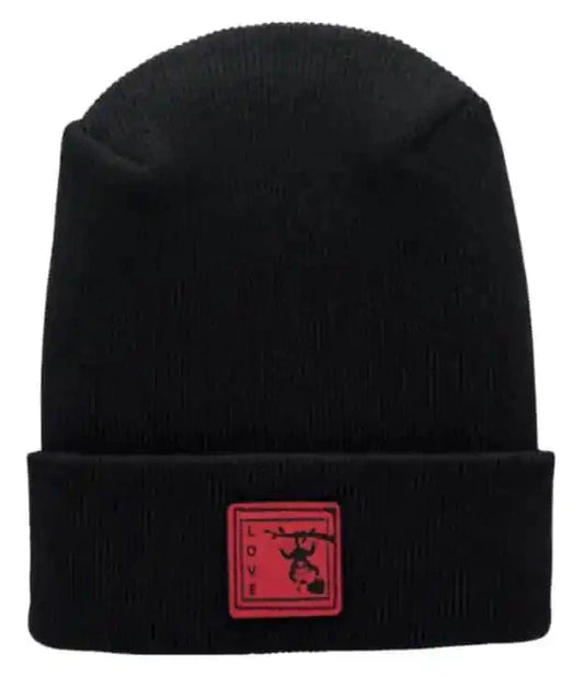Black knit beanie with red Love Monkey patch