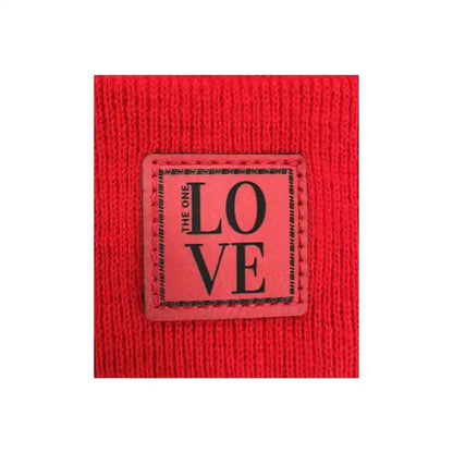 Red knit beanie cuff with rectangular LOVE logo patch