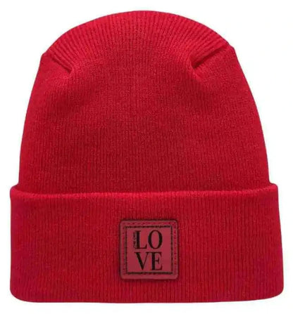 Red knit beanie with LOVE patch on cuff