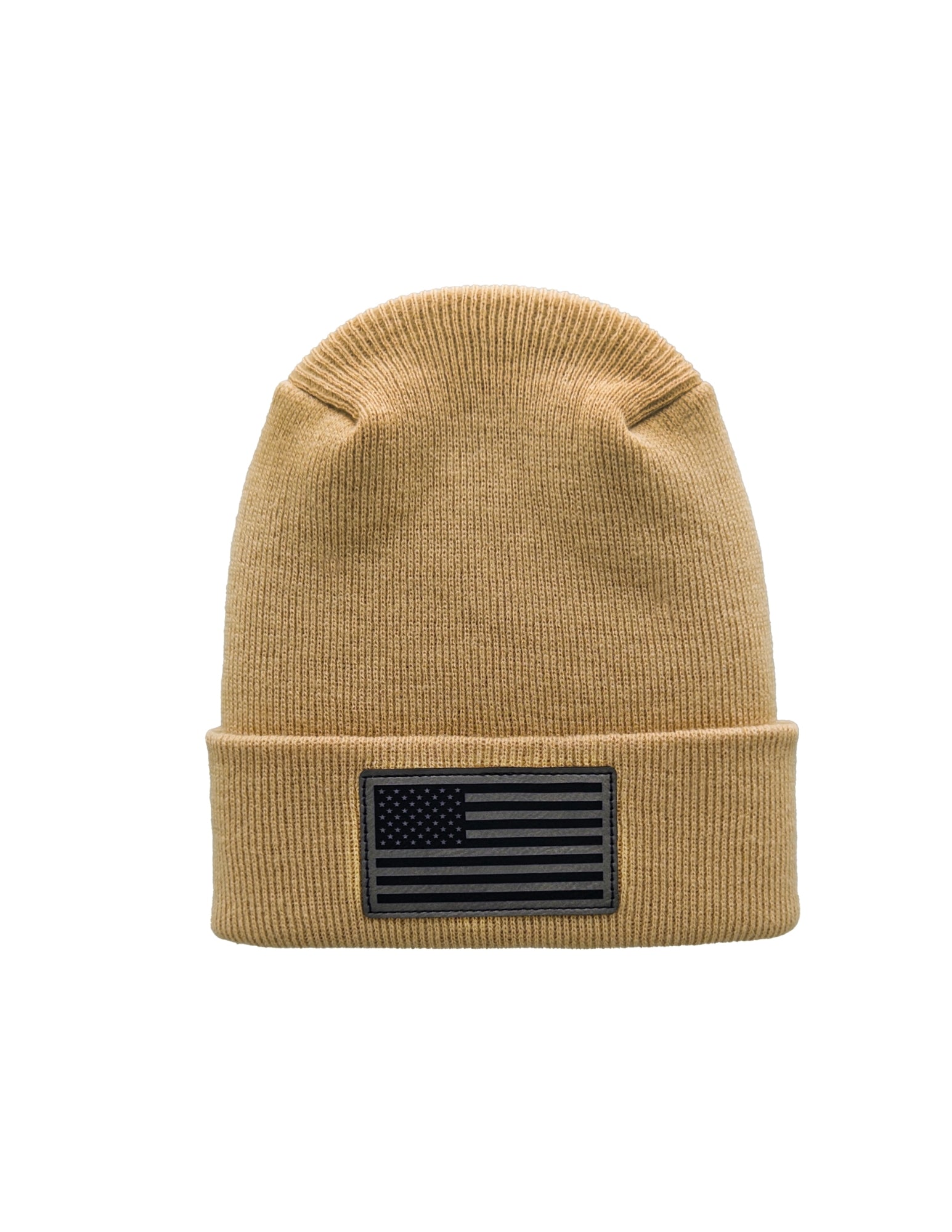Beige beanie with American flag patch on a white background