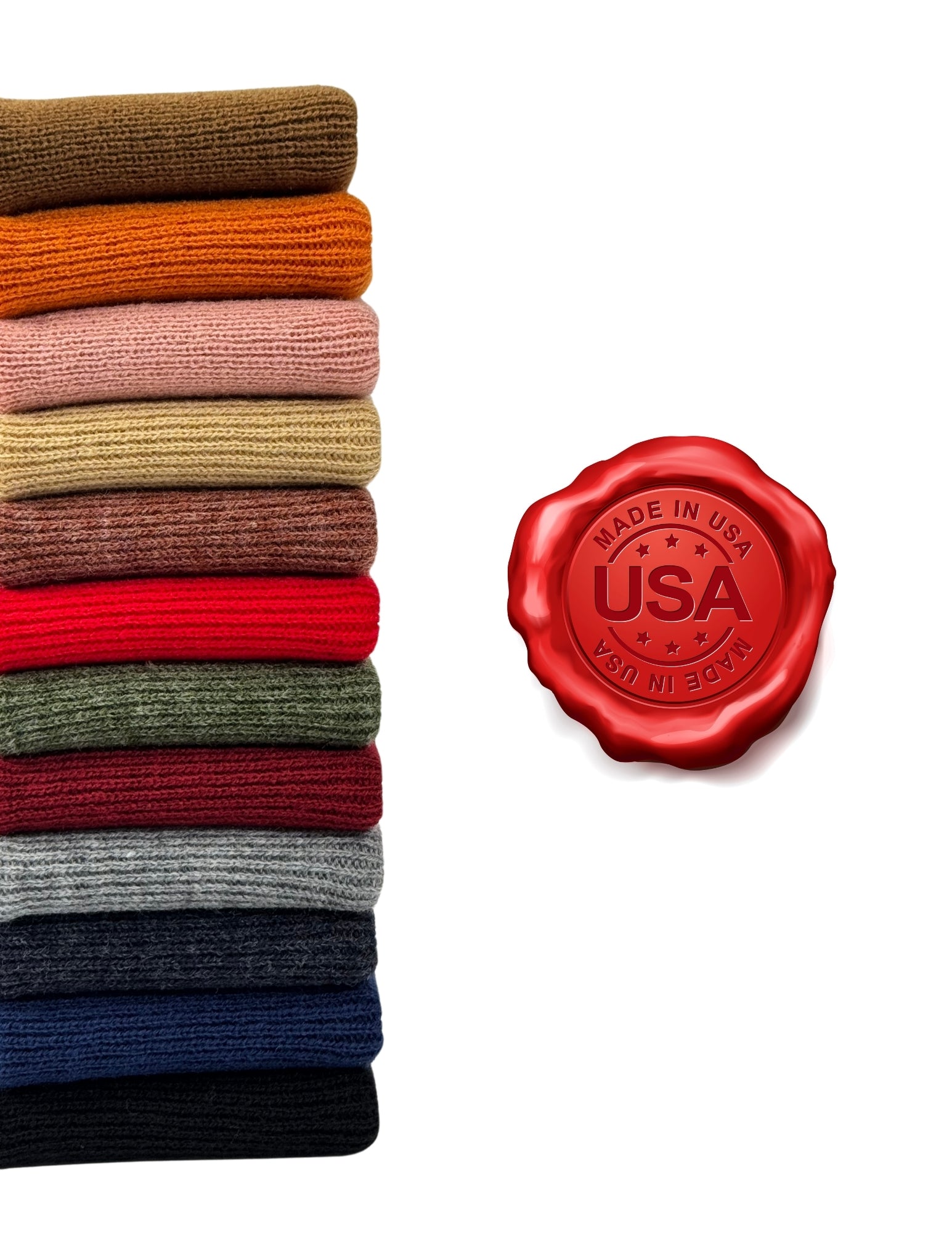 Stack of colorful socks with a 'Made in USA' seal on a white background