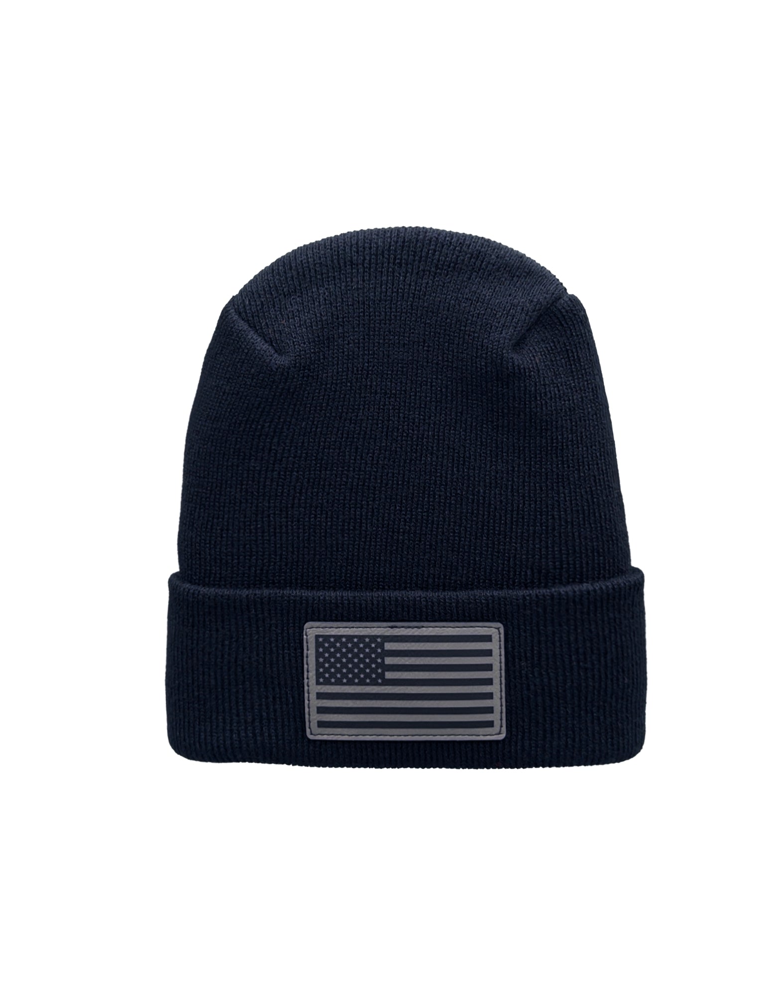 Black beanie with American flag patch on a white background