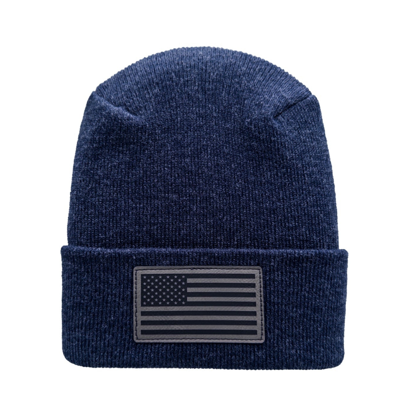 Blue beanie with an American flag patch on a white background