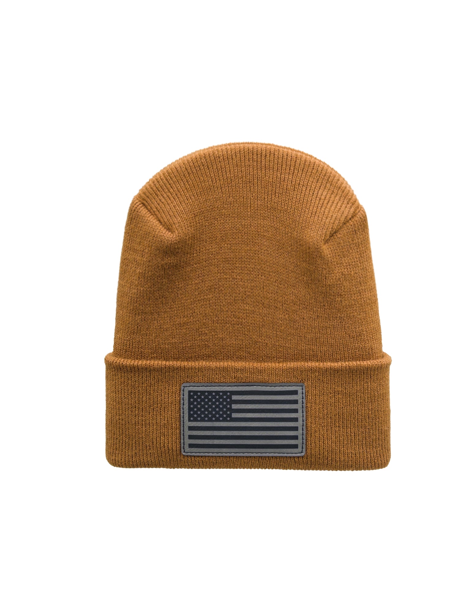 Brown beanie with American flag patch on a white background