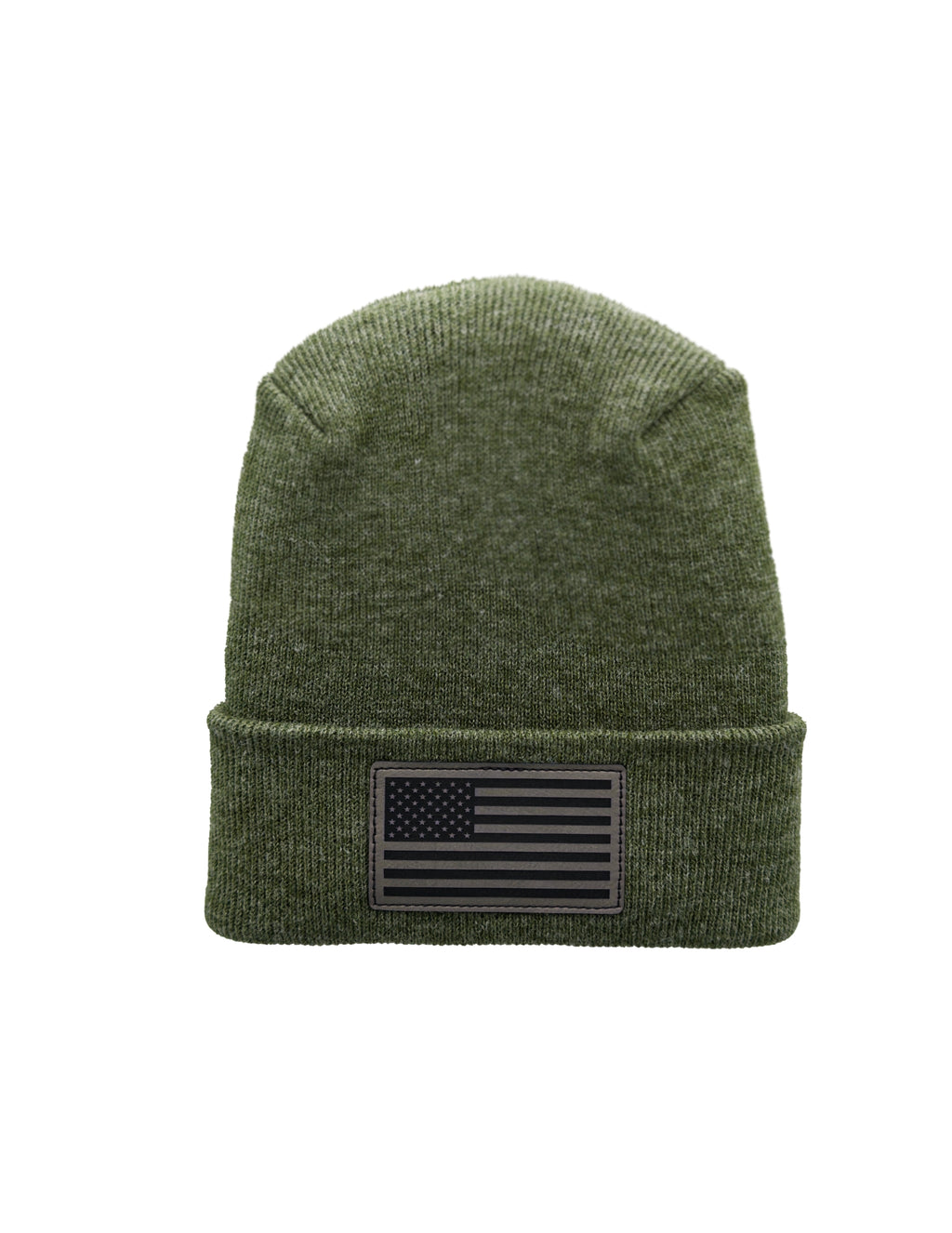 Green beanie with American flag patch on a white background