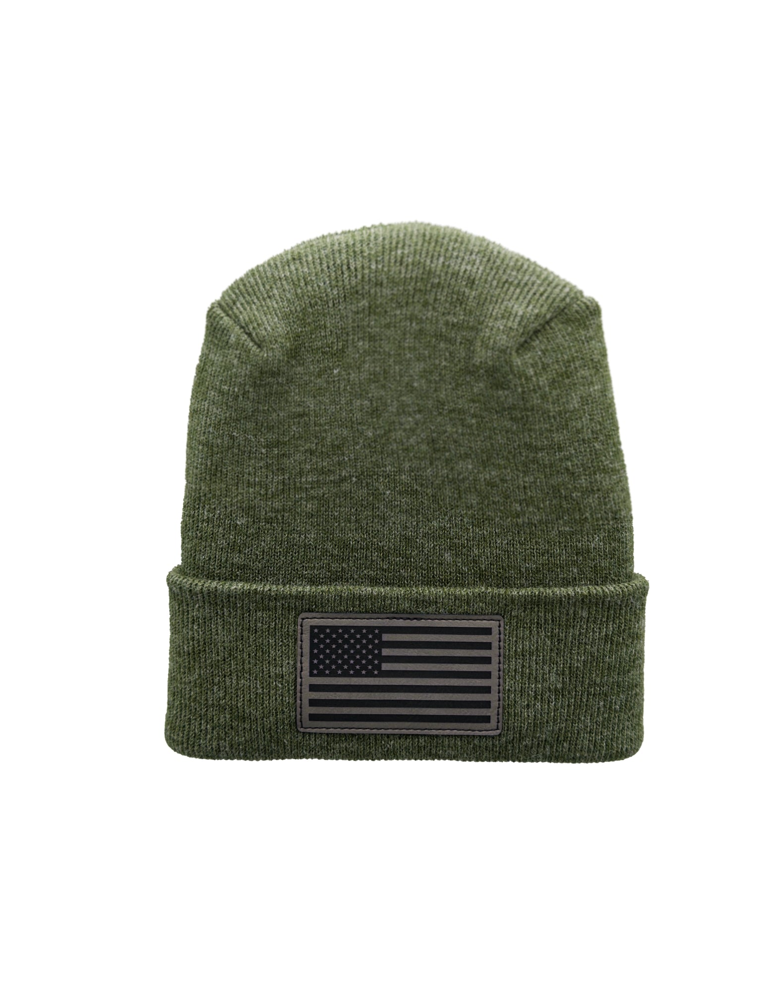 Green beanie with American flag patch on a white background