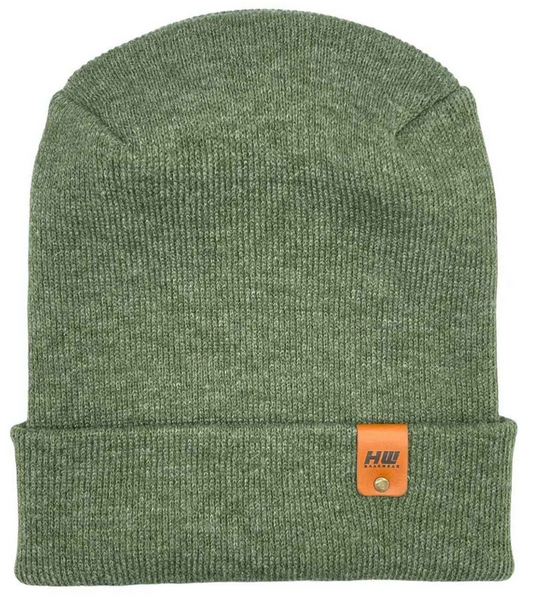Forest green cuffed knit beanie with orange logo patch