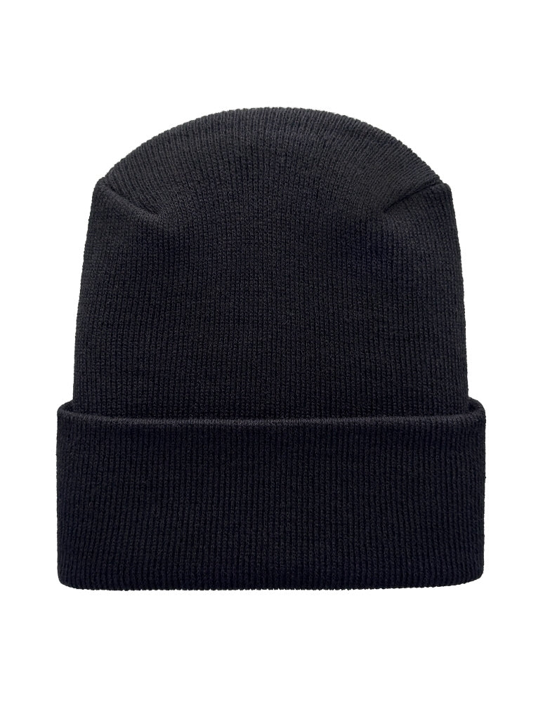 H-stitch watch cap beanie, black ribbed cuff with folded knit brim