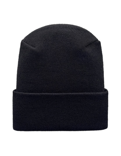H-stitch watch cap beanie, black ribbed cuff with folded knit brim