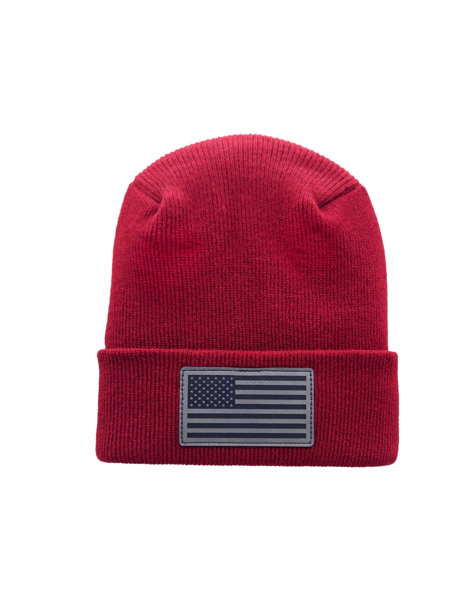 Maroon red beanie with an American flag patch on a white background