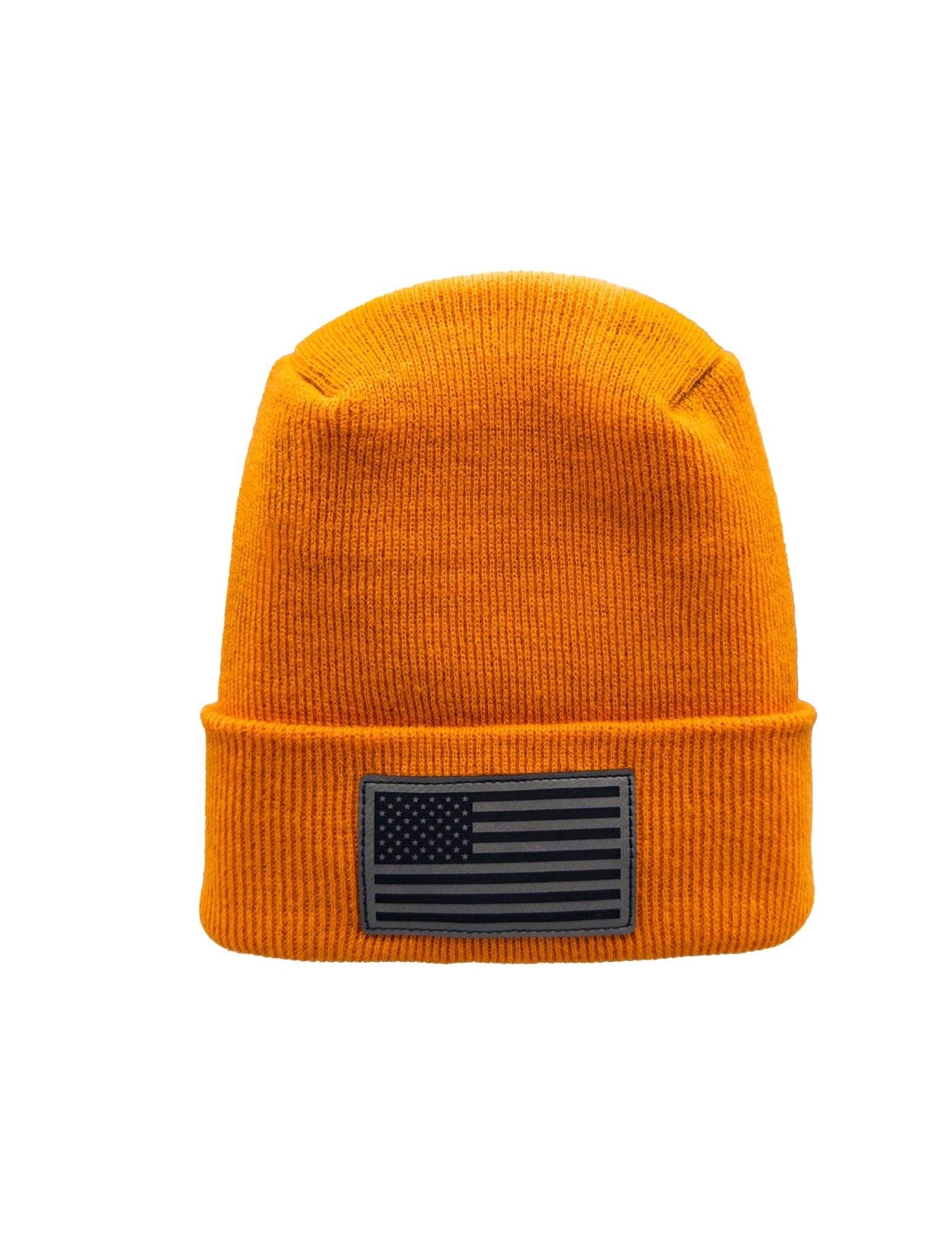 Orange beanie with a black American flag patch on a white background