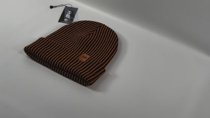 HAAKWEAR Cuffed Wide Ribbed Striped Beanie / Hat, Black / Orange, Limited Edition - Made in USA