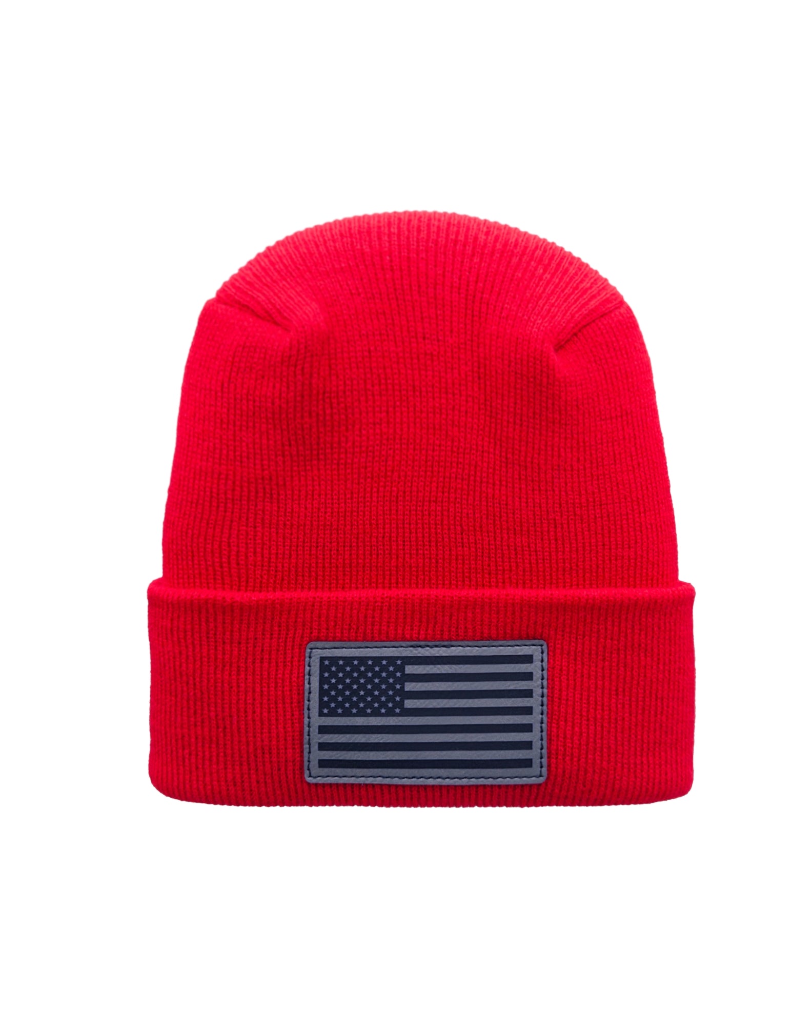Red beanie with an American flag patch on a white background