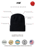 Black beanie with features labeled on a white background, featuring the brand 'HW'.