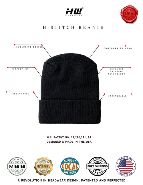Black beanie with features labeled on a white background, featuring the brand 'HW'.
