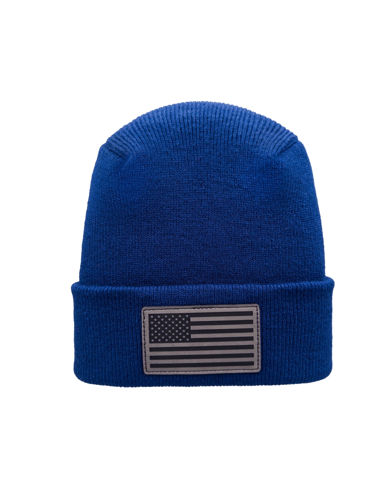 Blue beanie with an American flag patch on a white background