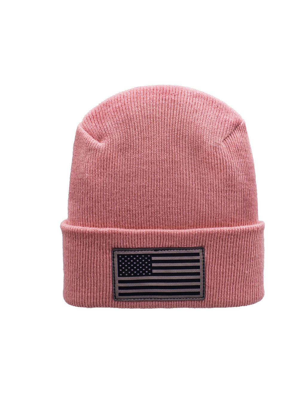 Pink beanie with an American flag patch on a white background