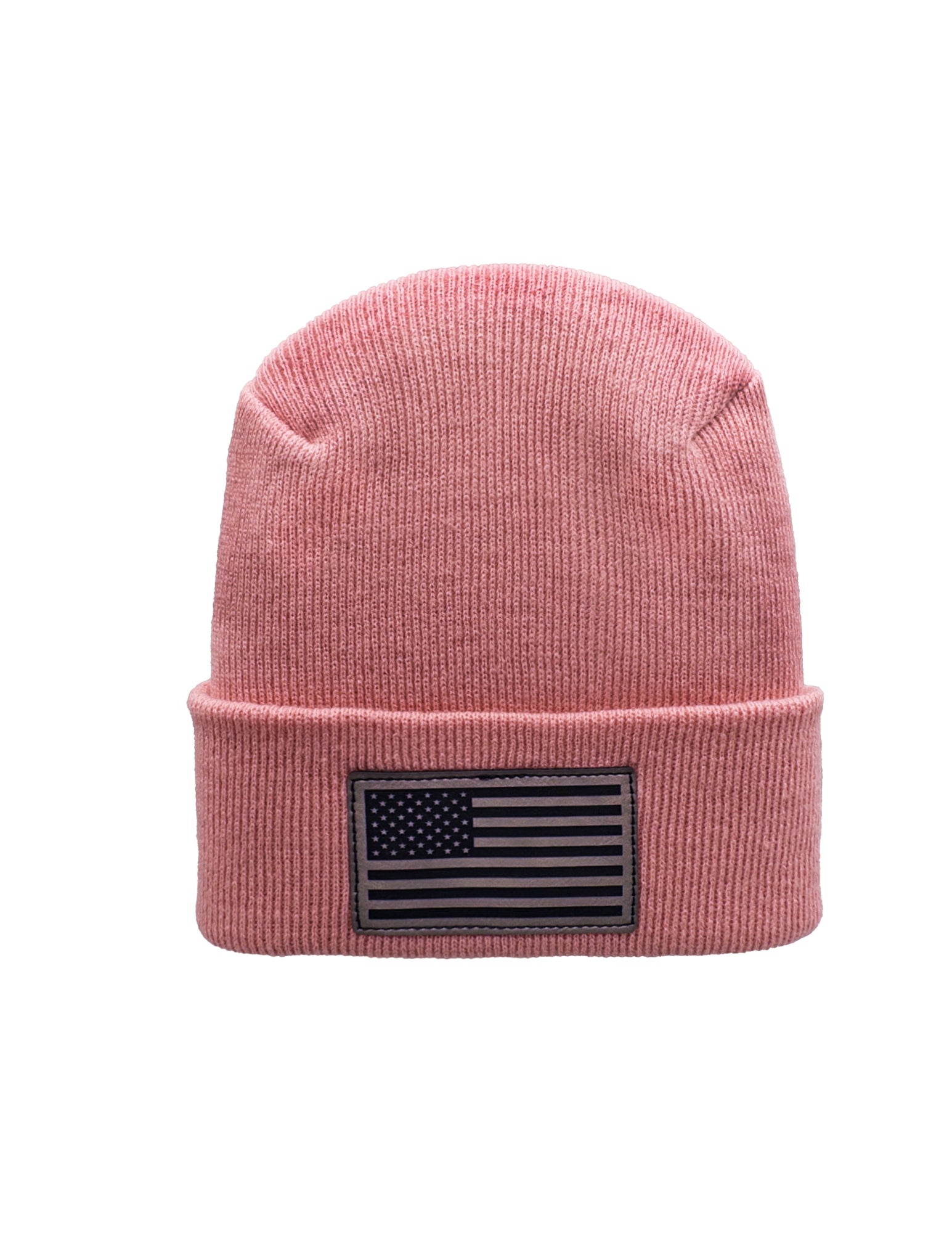 Pink beanie with an American flag patch on a white background
